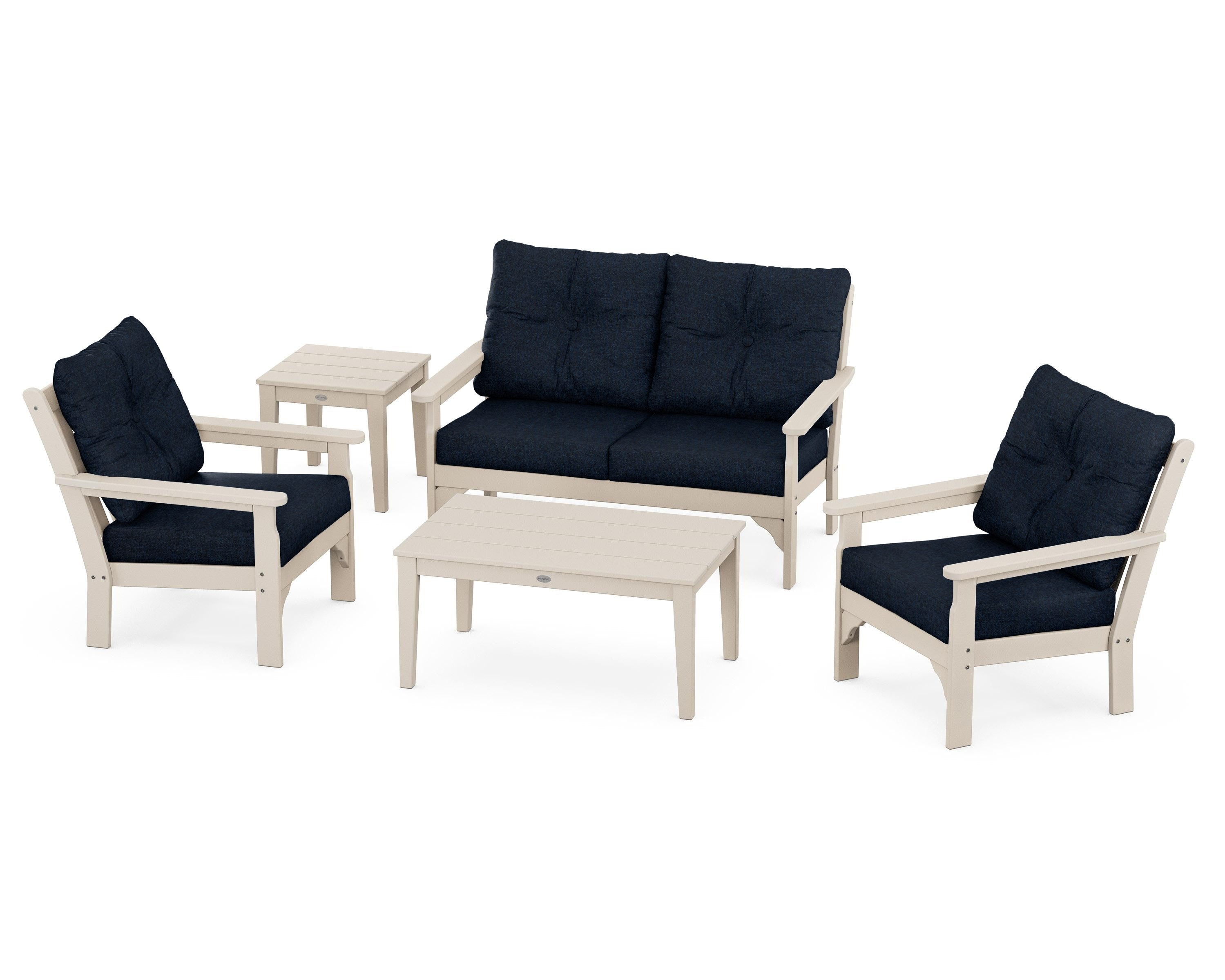 POLYWOOD® Vineyard 5-Piece Deep Seating Set in Sand / Marine Indigo