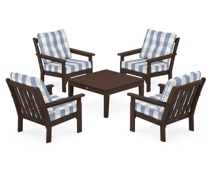POLYWOOD® Vineyard 5-Piece Deep Seating Conversation Set in Mahogany / Buffalo Plaid Sky Blue