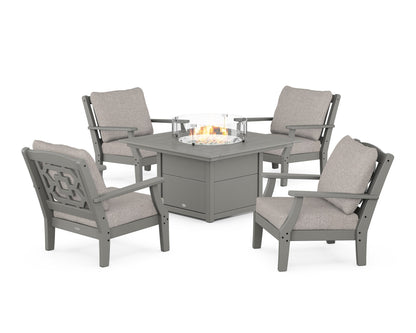 Martha Stewart by POLYWOOD® Chinoiserie 5-Piece Deep Seating Set with Fire Pit Table in Slate Grey / Weathered Tweed