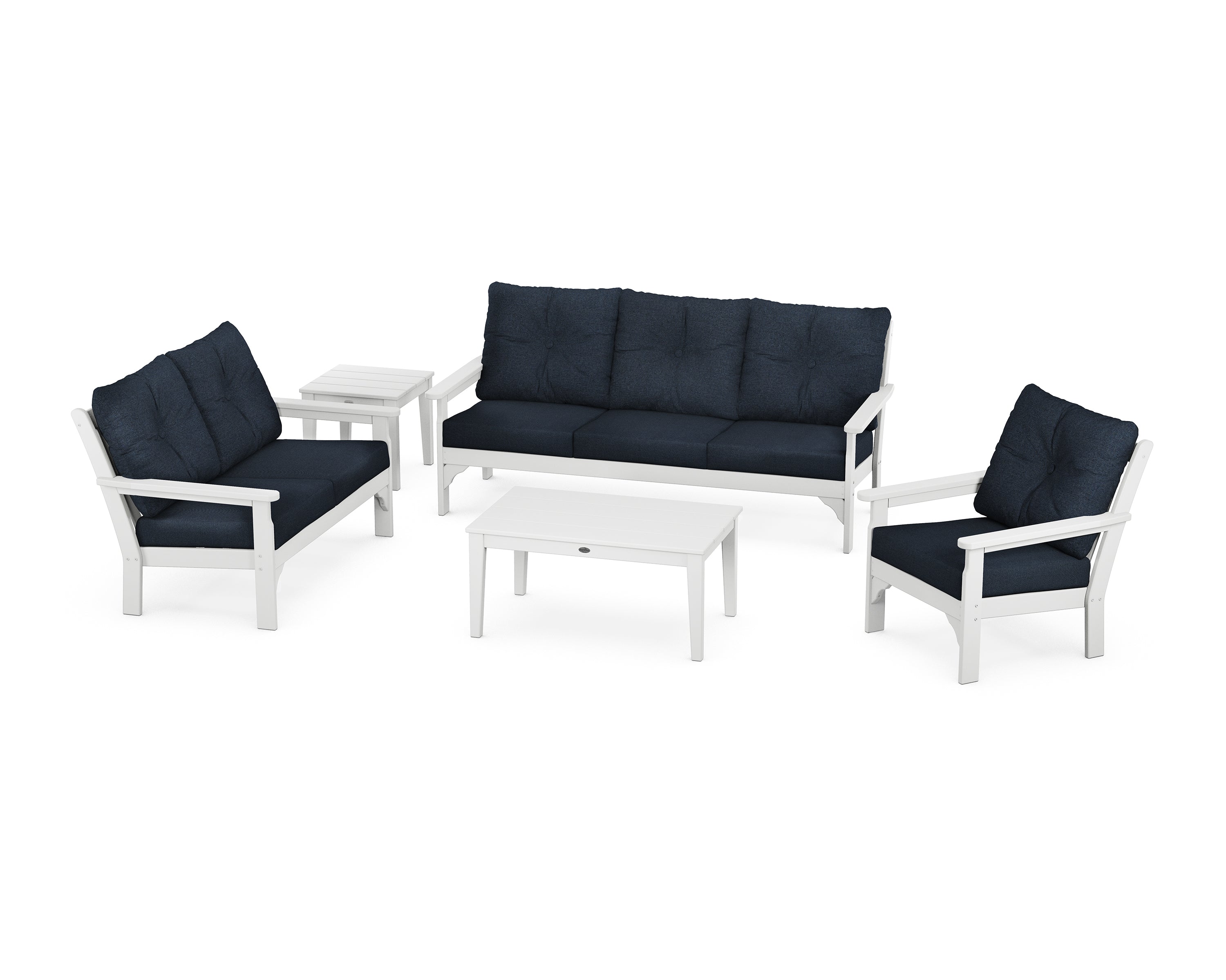 POLYWOOD® Vineyard 5 Piece Deep Seating Set in White / Marine Indigo