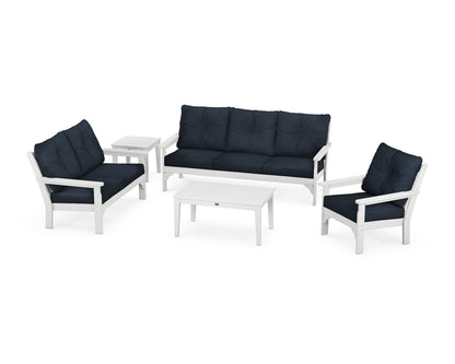 POLYWOOD® Vineyard 5 Piece Deep Seating Set in White / Marine Indigo