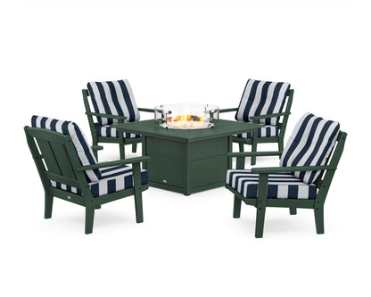 POLYWOOD® Mission 5-Piece Deep Seating Set with Fire Pit Table in Green / Cabana Stripe Marine Indigo
