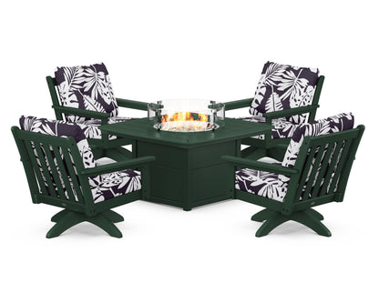 POLYWOOD® Vineyard 5-Piece Deep Seating Swivel Conversation Set with Fire Pit Table in Green / Leaf Navy