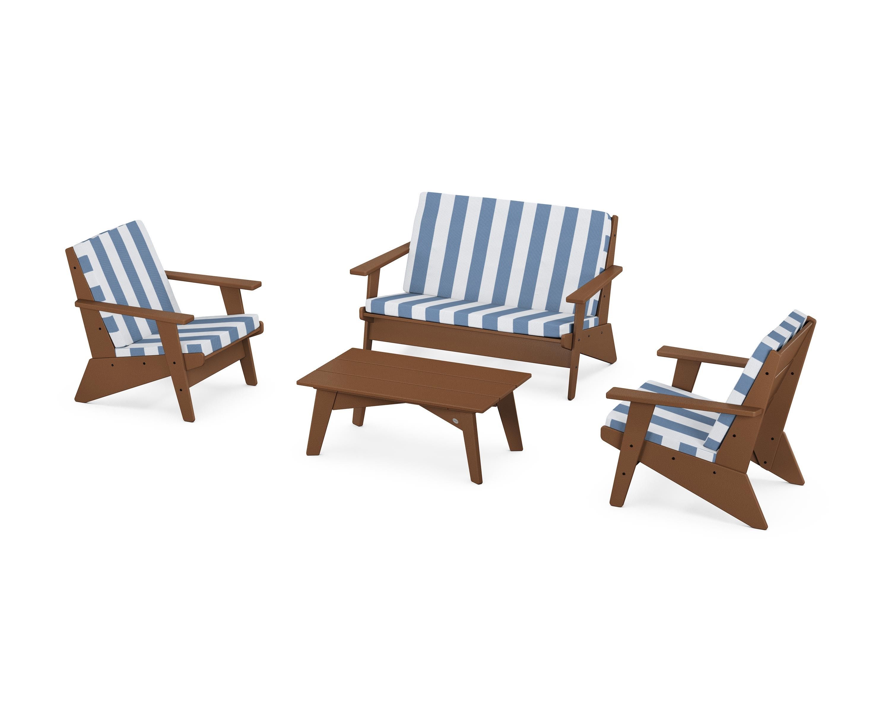 POLYWOOD® Riviera Modern Lounge 4-Piece Set in Teak / Cabana Stripe Sky Blue