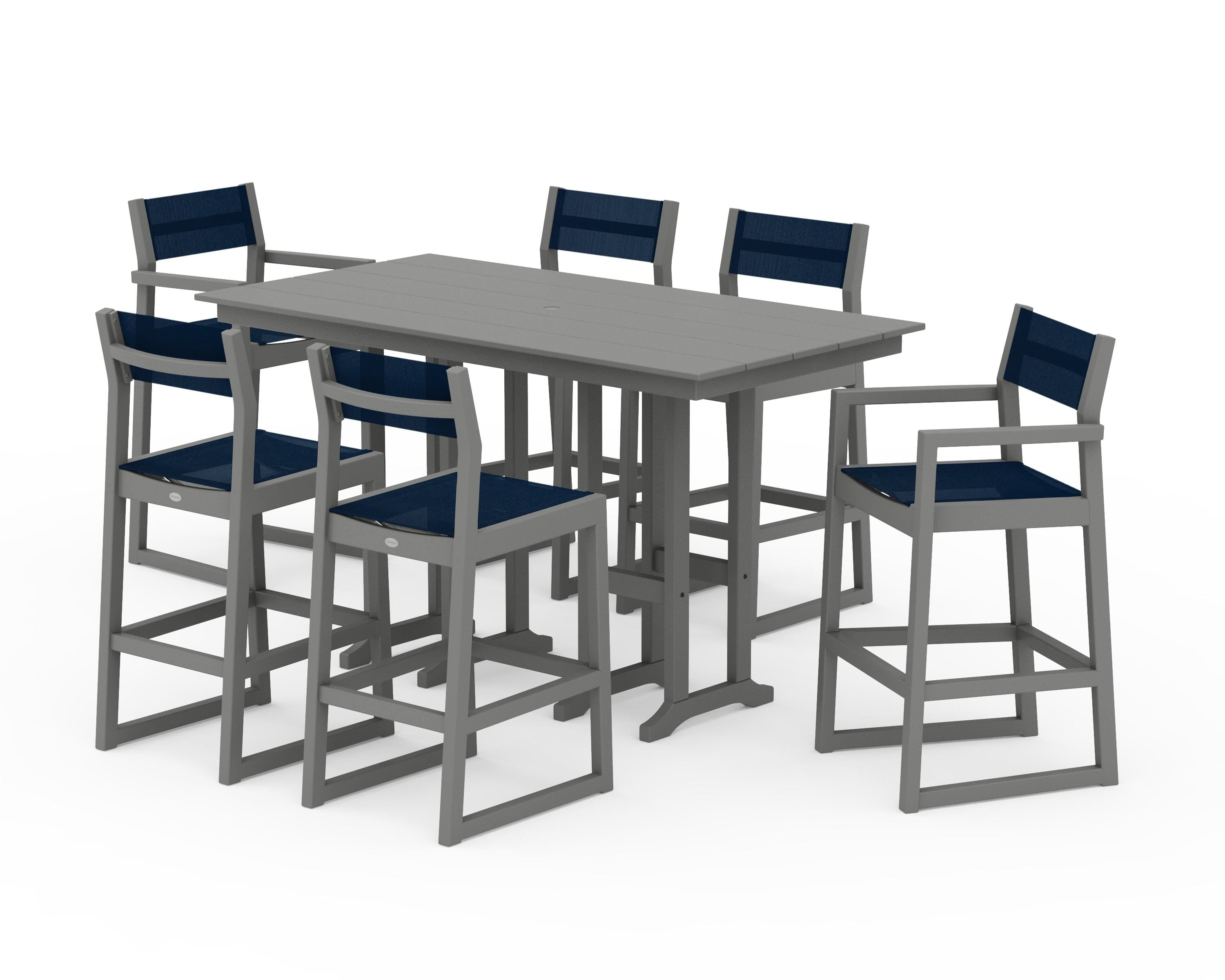 POLYWOOD® EDGE Sling 7-Piece Farmhouse Bar Set in Slate Grey / Navy Blue Sling