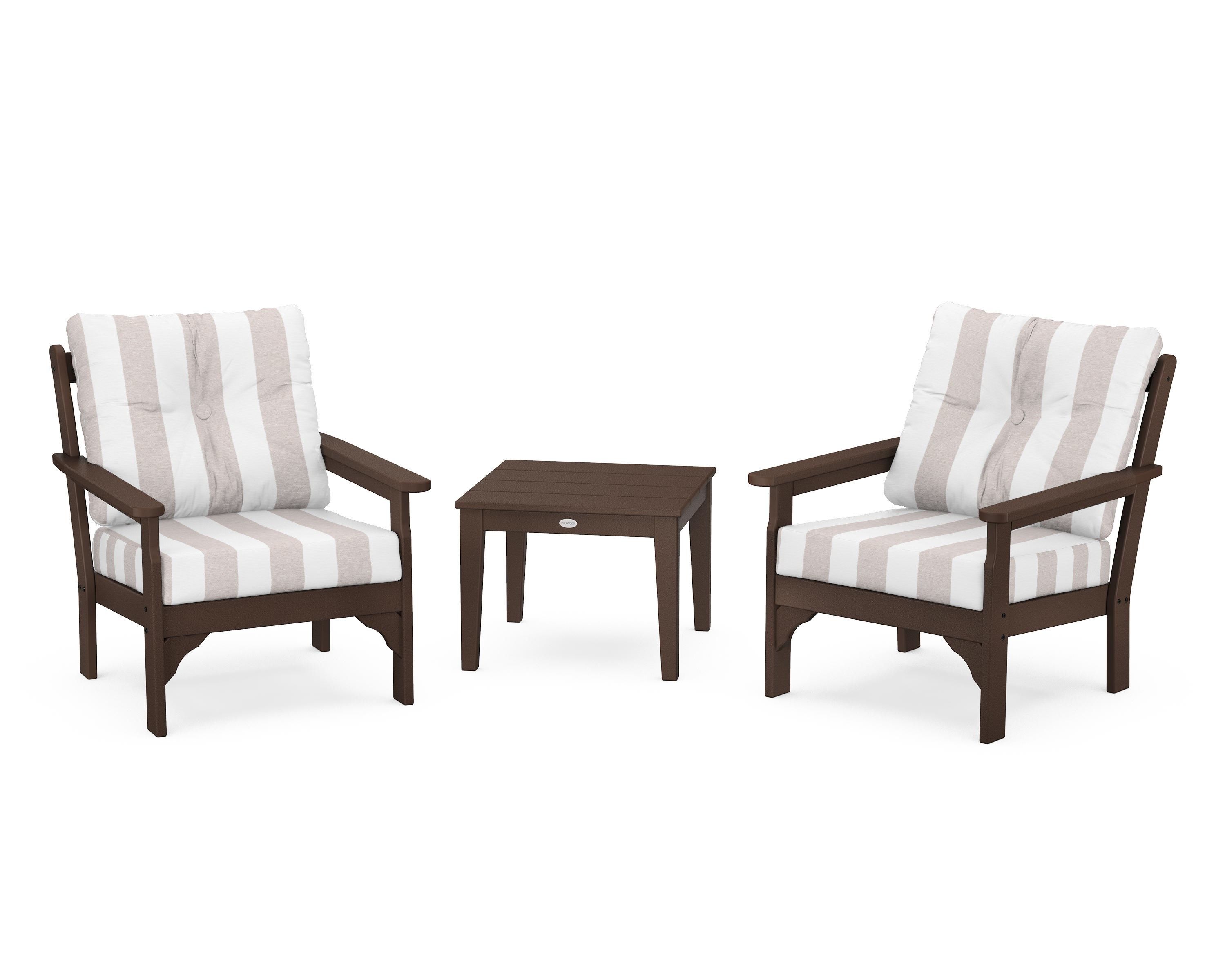 POLYWOOD® Vineyard 3-Piece Deep Seating Set in Mahogany / Cabana Stripe Dune Burlap