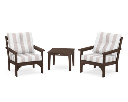 POLYWOOD® Vineyard 3-Piece Deep Seating Set in Mahogany / Cabana Stripe Dune Burlap