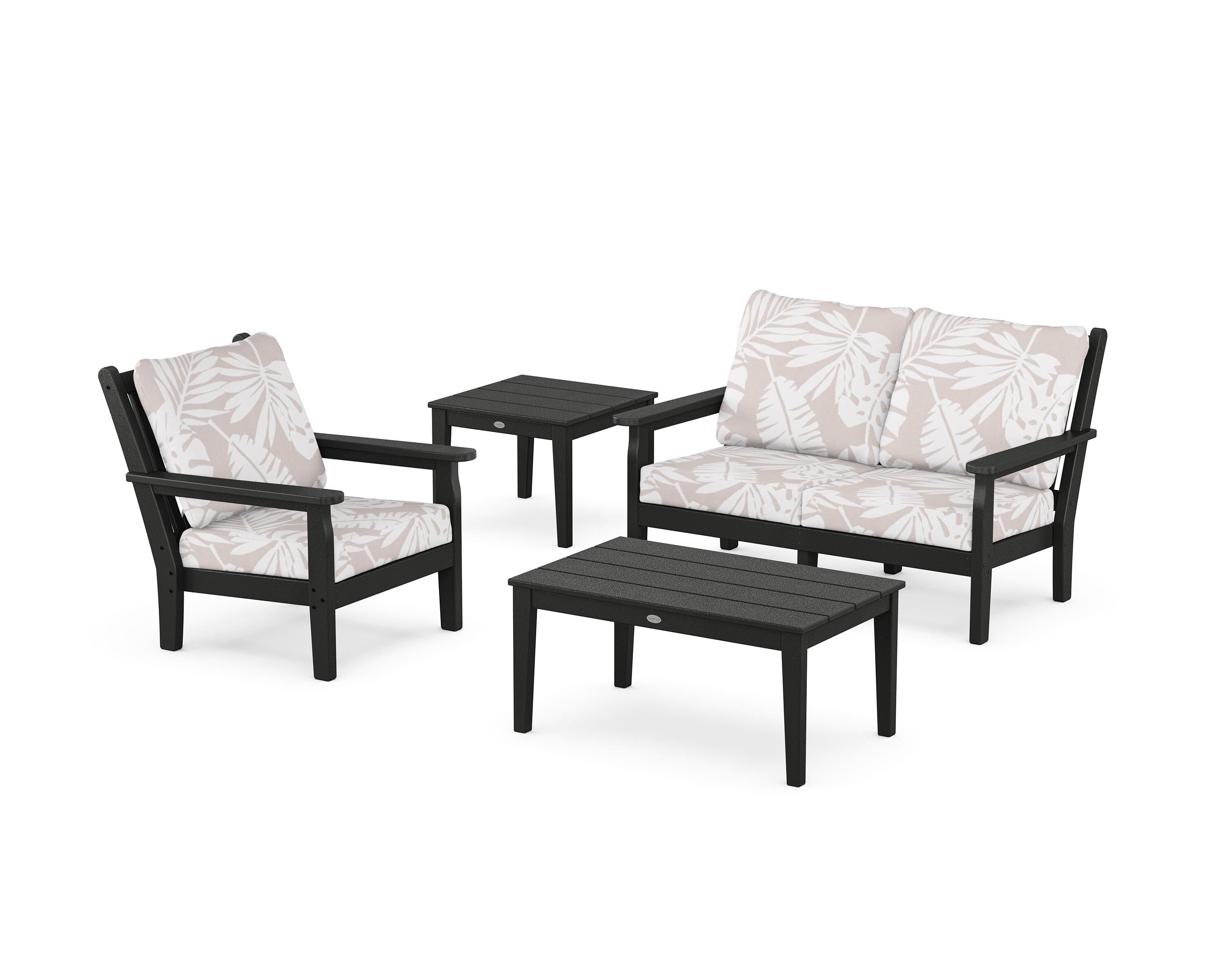 POLYWOOD® Chippendale 4-Piece Deep Seating Set in Black / Leaf Dune Burlap