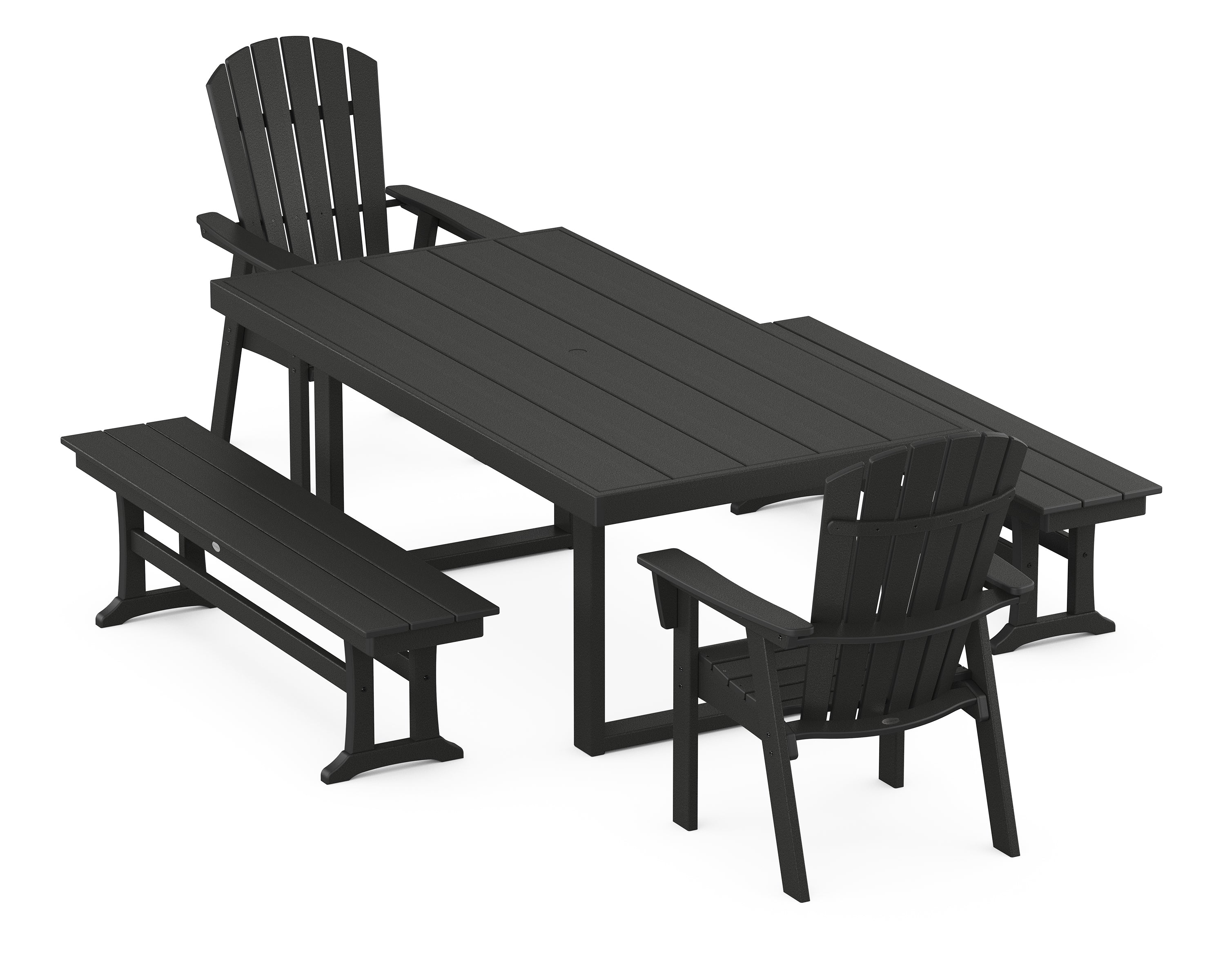 POLYWOOD® Nautical Curveback Adirondack 5-Piece Dining Set with Benches in Black