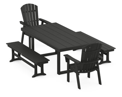 POLYWOOD® Nautical Curveback Adirondack 5-Piece Dining Set with Benches in Black