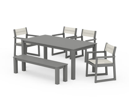 POLYWOOD® EDGE Sling Arm Chair 6-Piece Parsons Dining Set with Bench in Slate Grey / Parchment Sling