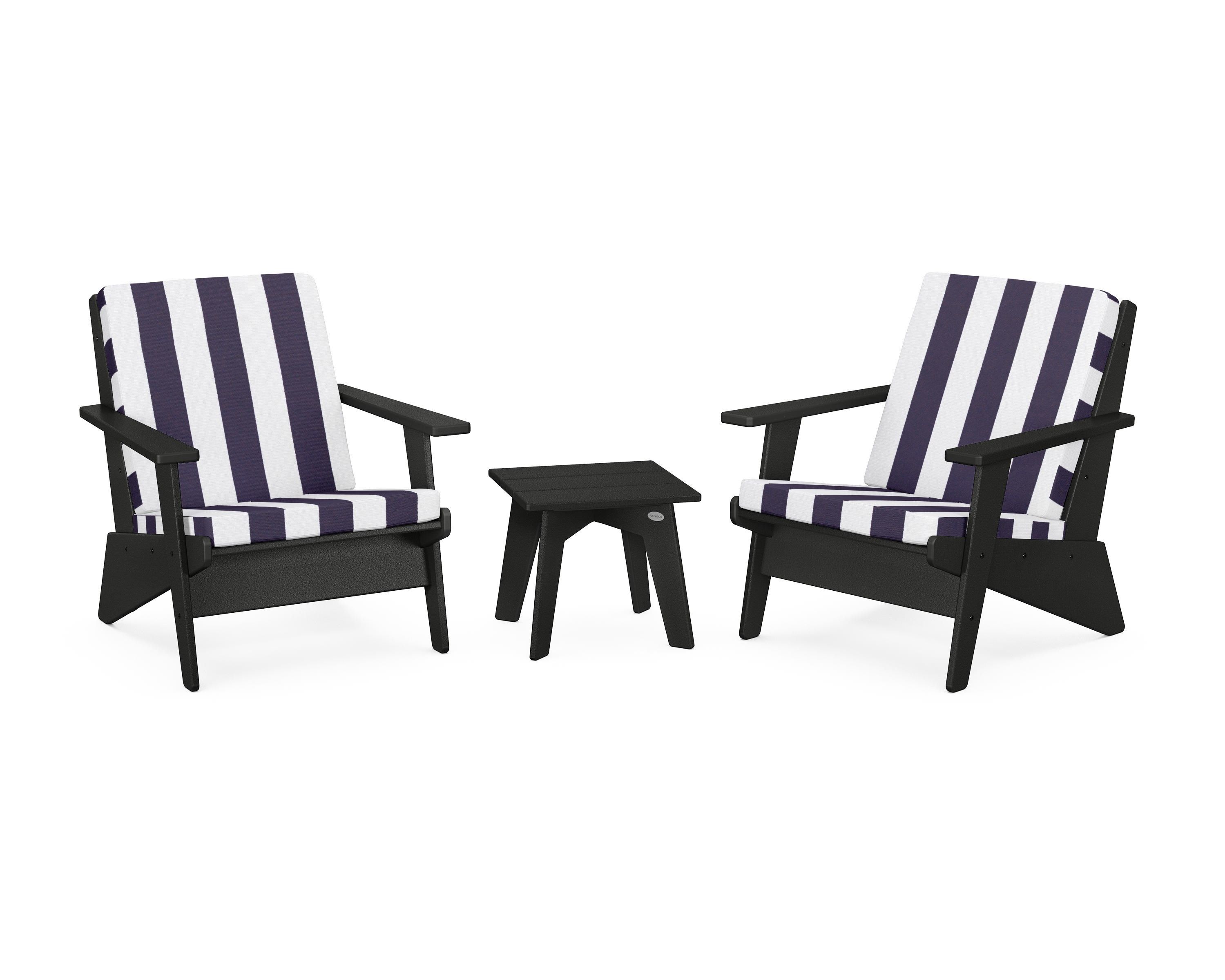 POLYWOOD® Riviera Modern Lounge 3-Piece Set in Black / Cabana Stripe Navy