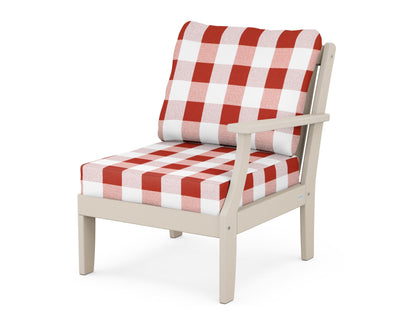 POLYWOOD® Braxton Modular Right Arm Chair in Sand / Buffalo Plaid Crimson