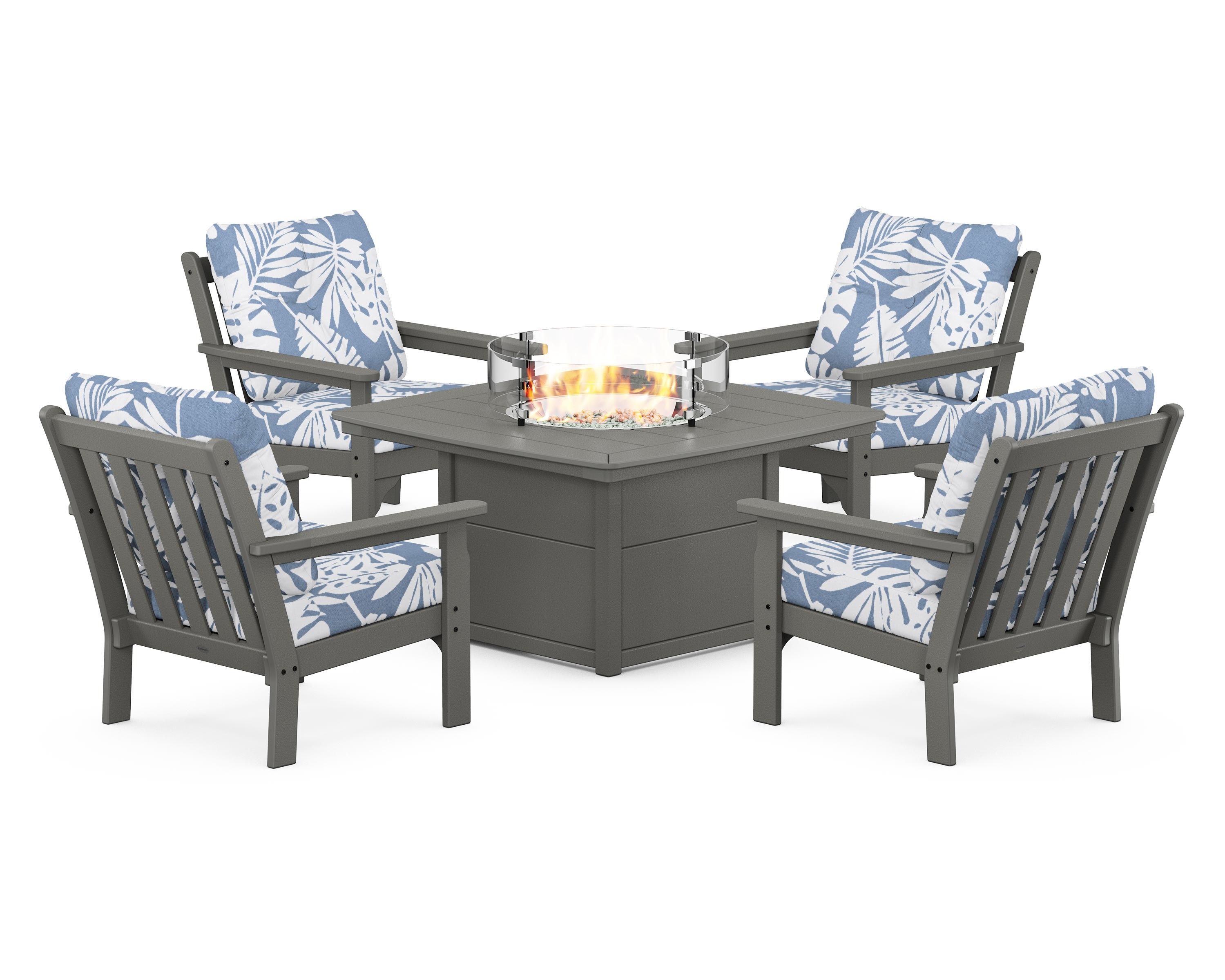 POLYWOOD® Vineyard 5-Piece Conversation Set with Fire Pit Table in Slate Grey / Leaf Sky Blue