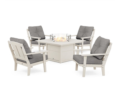 POLYWOOD® Mission 5-Piece Deep Seating Set with Fire Pit Table in Sand / Grey Mist