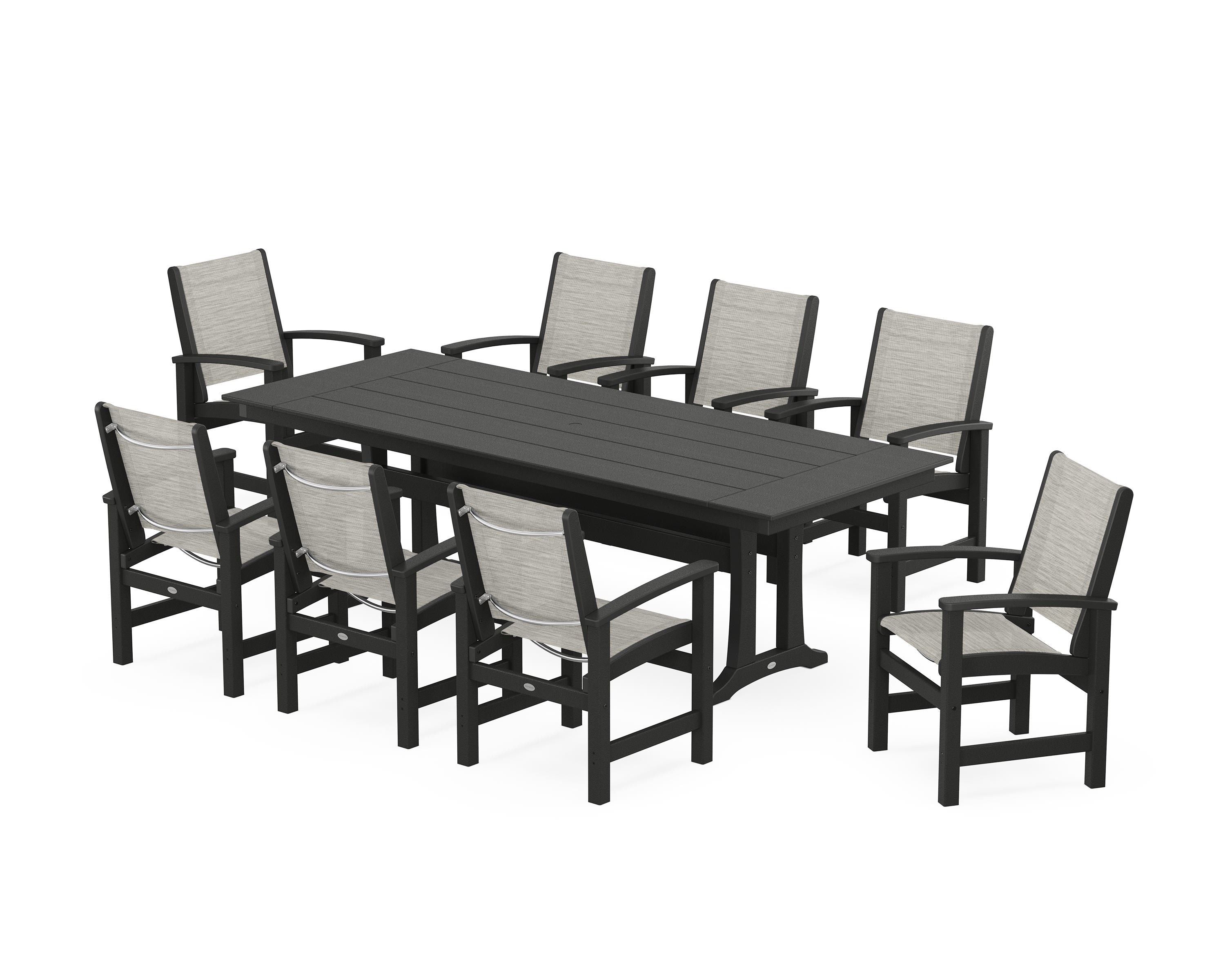 POLYWOOD® Coastal 9-Piece Farmhouse Dining Set with Trestle Legs in Black / Birch Sling