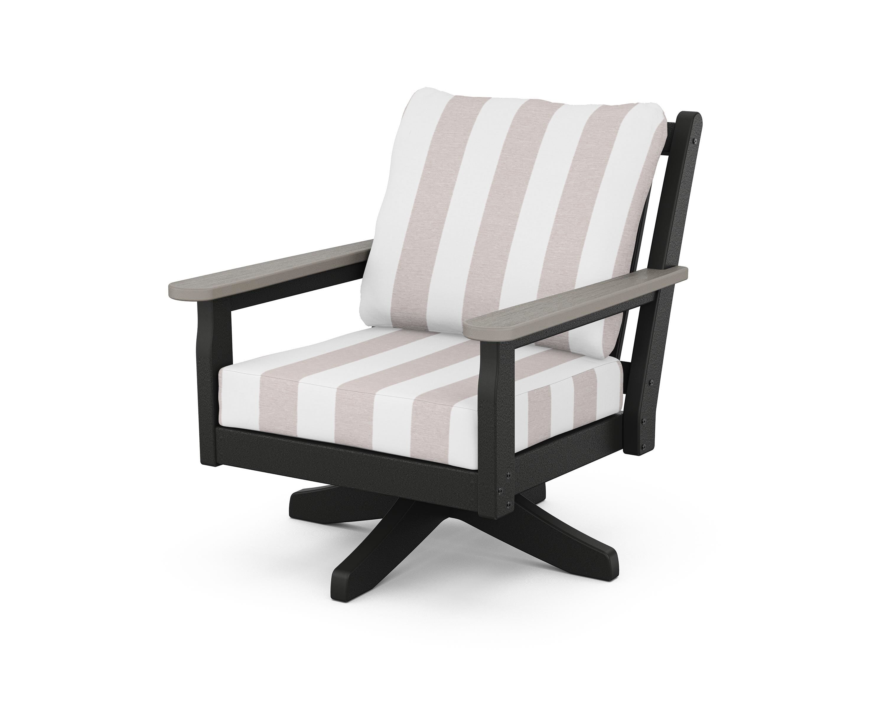 POLYWOOD® Chippendale Deep Seating Swivel Chair in Black / Driftwood / Cabana Stripe Dune Burlap