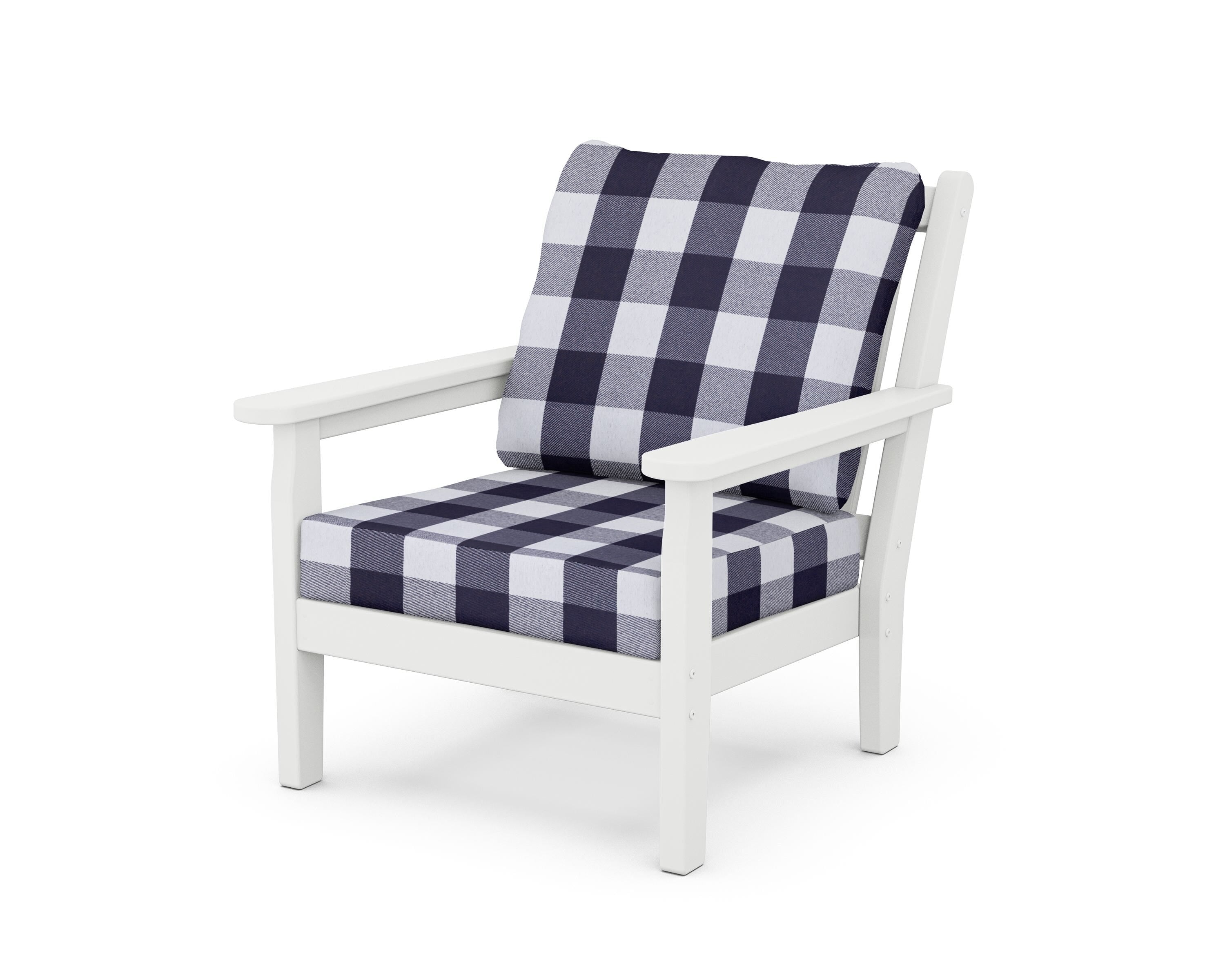 POLYWOOD® Chippendale Deep Seating Chair in White / Buffalo Plaid Navy