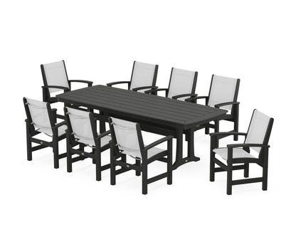 POLYWOOD® Coastal 9-Piece Dining Set with Trestle Legs in Black / White Sling