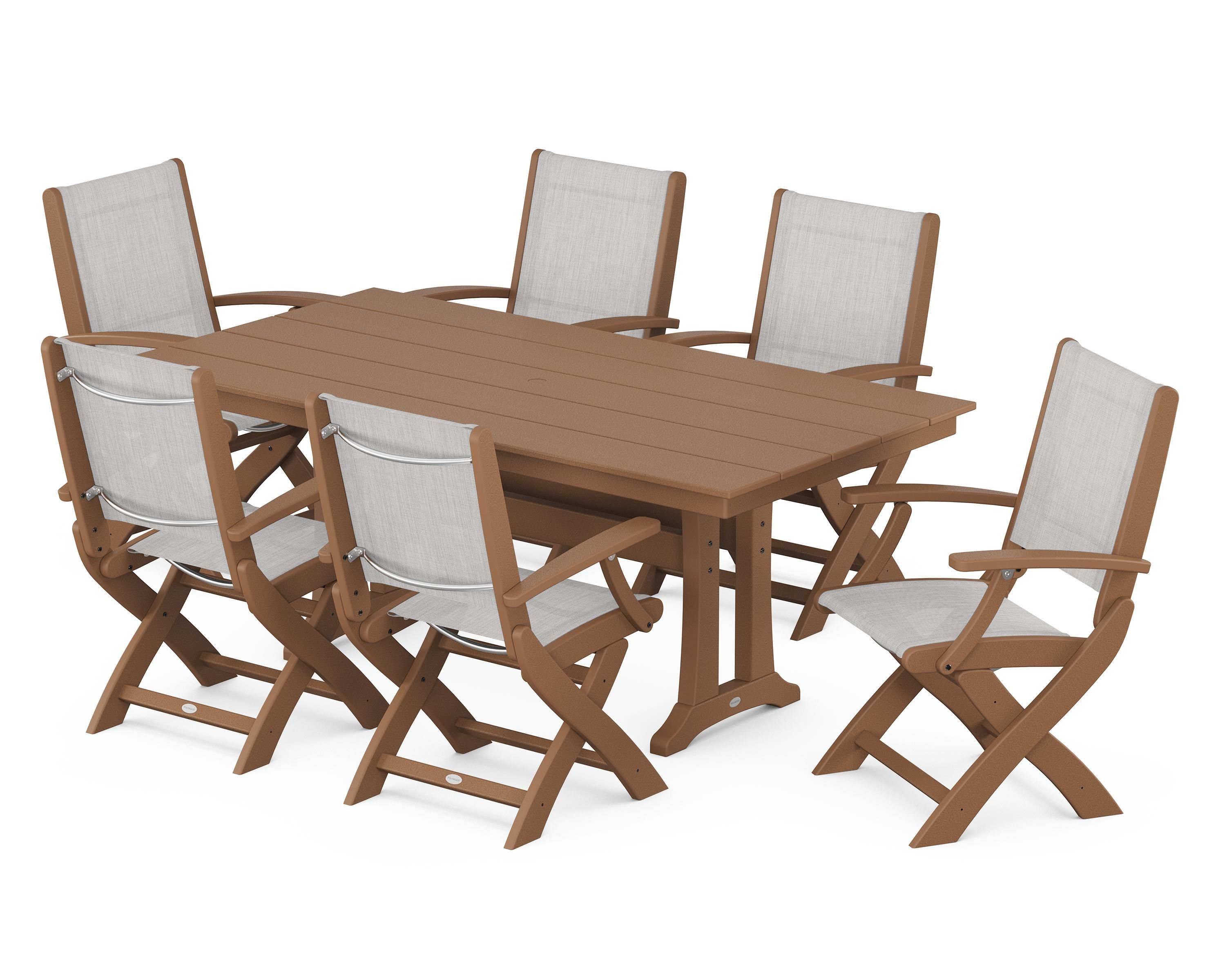 POLYWOOD® Coastal Folding Arm Chair 7-Piece Farmhouse Dining Set with Trestle Legs in Teak / Parchment Sling