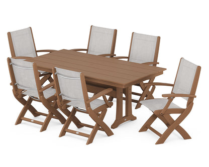 POLYWOOD® Coastal Folding Arm Chair 7-Piece Farmhouse Dining Set with Trestle Legs in Teak / Parchment Sling