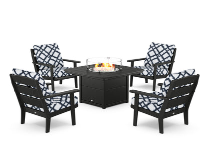 POLYWOOD® Lakeside 5-Piece Deep Seating Set with Nautical Fire Pit Table in Black / Trellis Marine Indigo