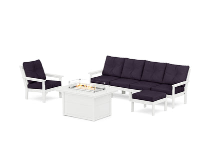 POLYWOOD® Vineyard Sectional Lounge and Fire Pit Set in White / Navy Linen