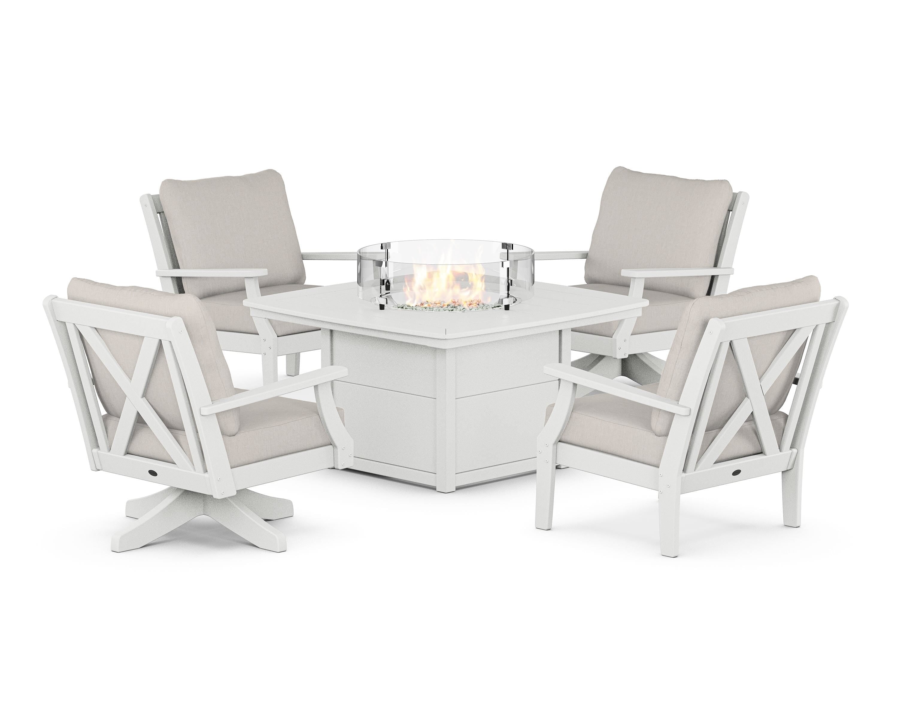 POLYWOOD® Braxton 5-Piece Deep Seating Set with Fire Table in White / Cast Ash
