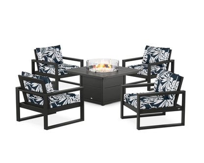 POLYWOOD® EDGE Sectional 5-Piece Deep Seating Set with Fire Pit Table in Black / Leaf Marine Indigo