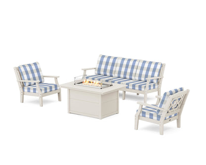 Martha Stewart by POLYWOOD® Chinoiserie Deep Seating Fire Pit Table Set in Sand / Buffalo Plaid Sky Blue