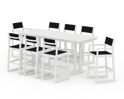 POLYWOOD® EDGE Sling 9-Piece Farmhouse Bar Set with Trestle Legs in White / Black Sling