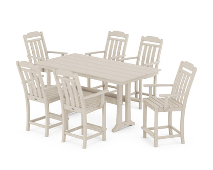 Country Living Cottage Arm Chair 7-Piece Farmhouse Counter Set with Trestle Legs in Sand