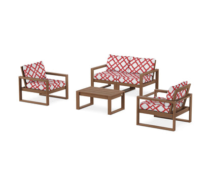 POLYWOOD® EDGE Sectional 4-Piece Deep Seating Set with Loveseat in Teak / Trellis Crimson