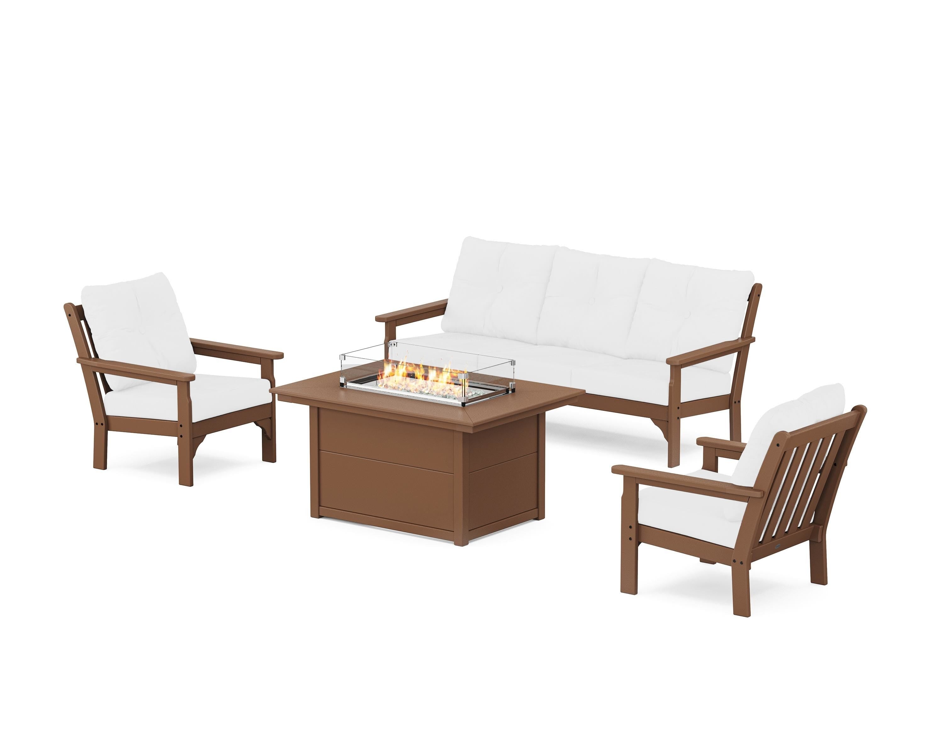POLYWOOD® Vineyard Deep Seating Fire Pit Table Set in Teak / Natural