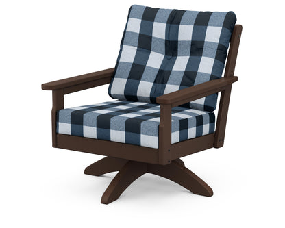POLYWOOD® Vineyard Deep Seating Swivel Chair in Mahogany / Buffalo Plaid Marine Indigo