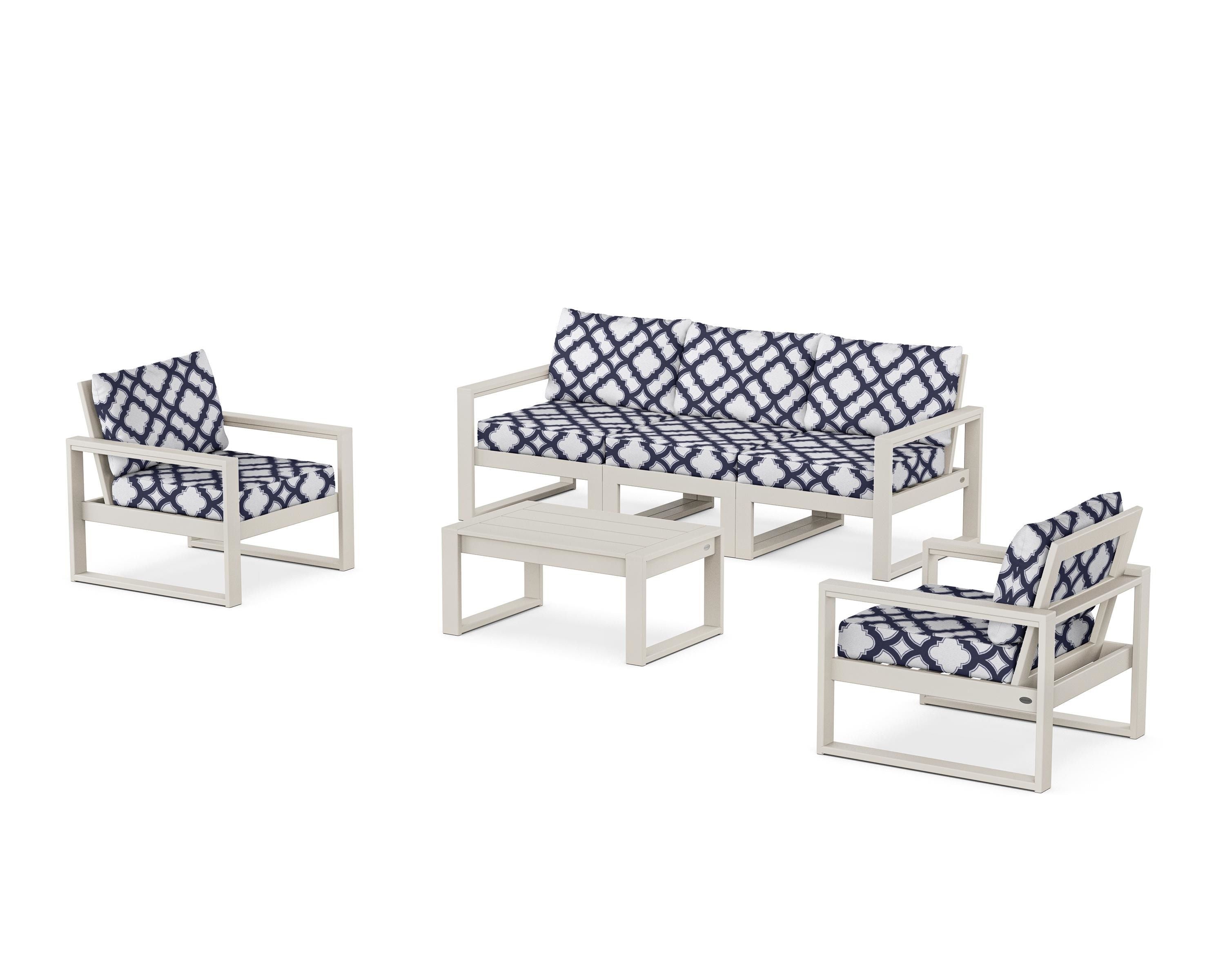POLYWOOD® EDGE Sectional 4-Piece Deep Seating Set with Sofa in Sand / Trellis Navy