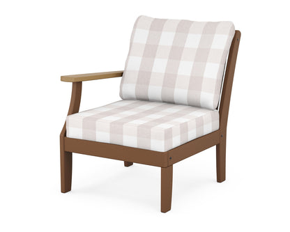 POLYWOOD® Braxton Modular Left Arm Chair in Teak / Natural / Buffalo Plaid Dune Burlap