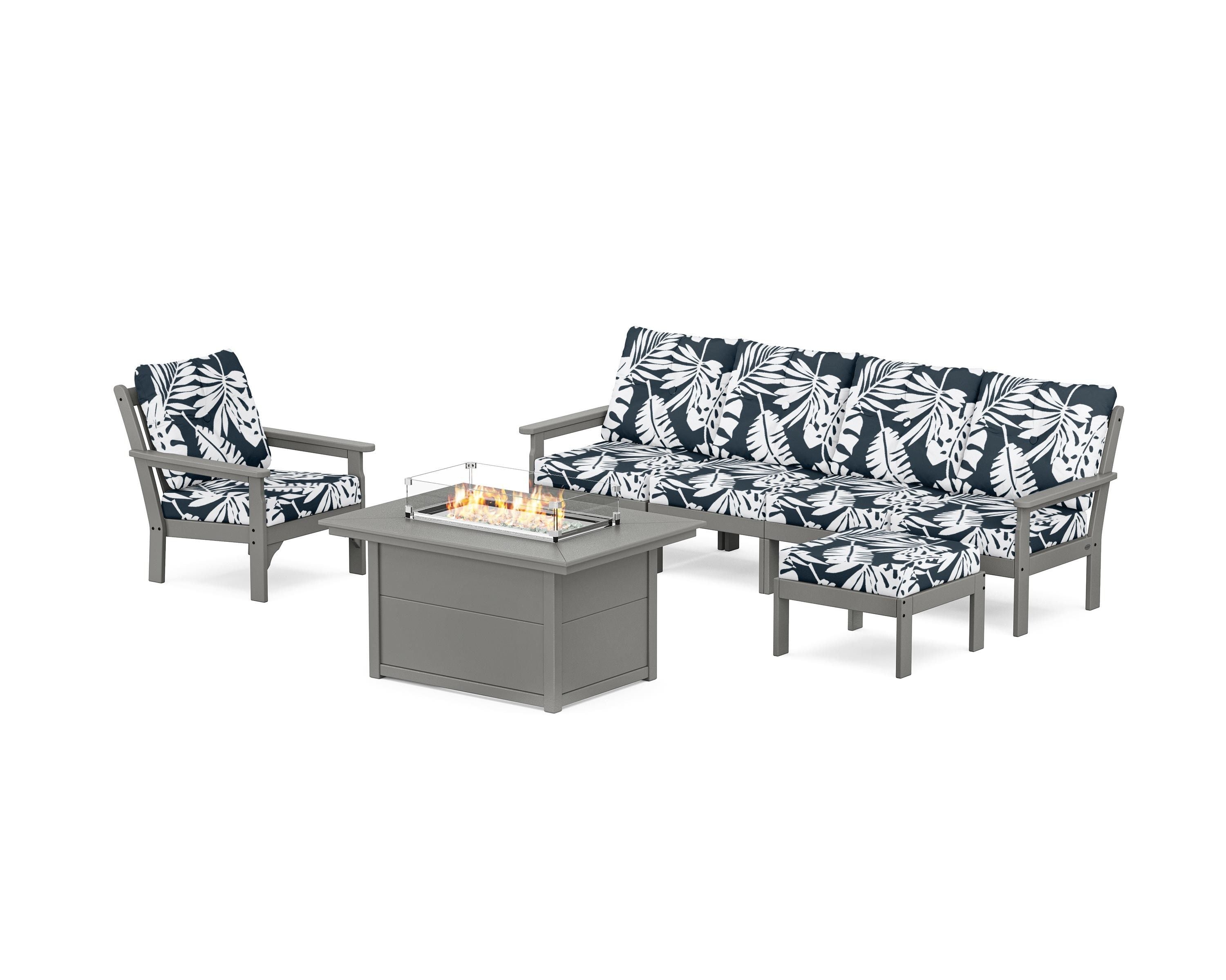 POLYWOOD® Vineyard Sectional Lounge and Fire Pit Set in Slate Grey / Leaf Marine Indigo