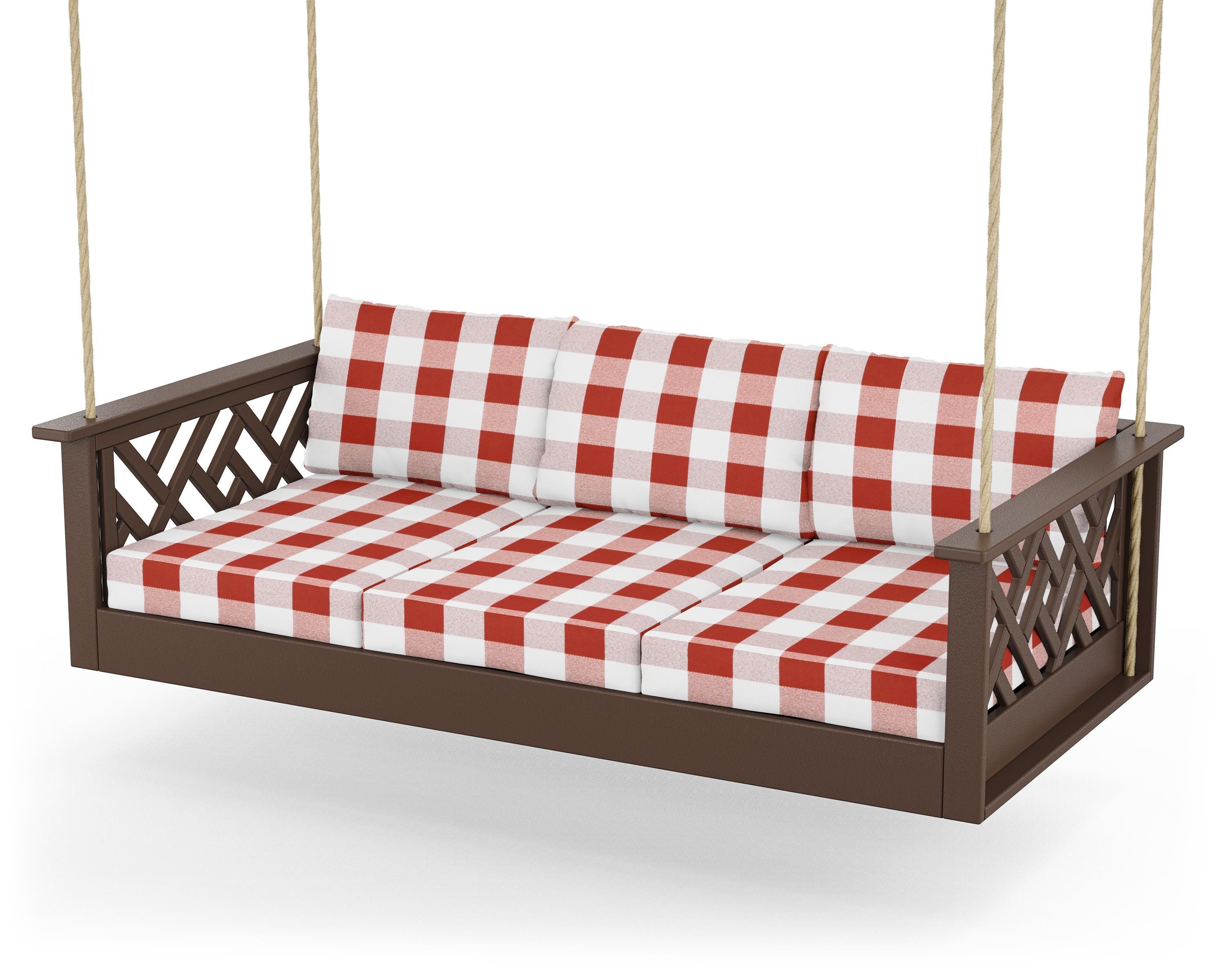 POLYWOOD® Chippendale Daybed Swing in Mahogany / Buffalo Plaid Crimson