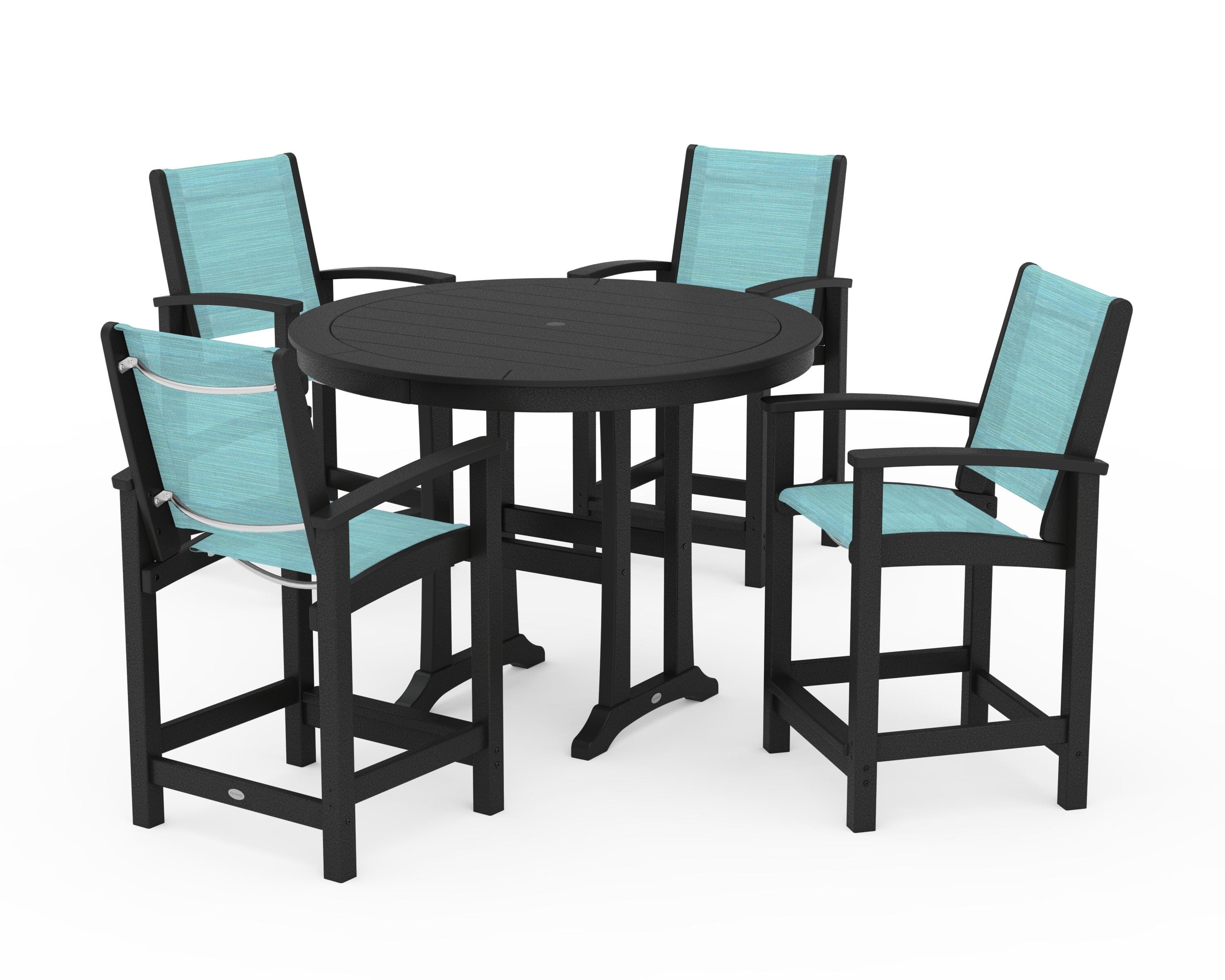 POLYWOOD® Coastal 5-Piece Counter Set in Black / Dupioni Aquamarine Sling