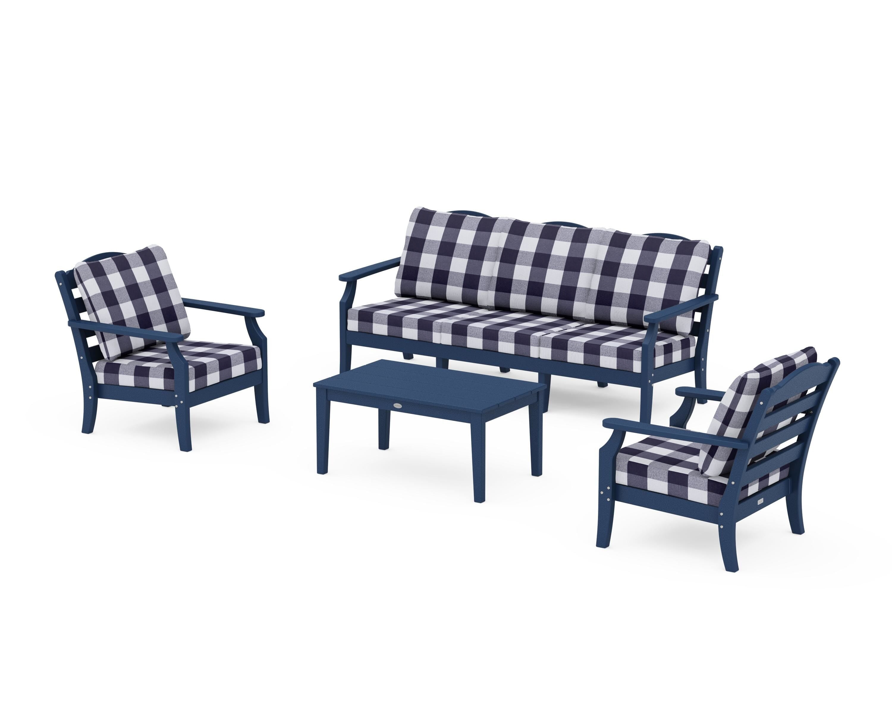 Draper James™ by  POLYWOOD® Savannah 4-Piece Deep Seating Set with Sofa in Navy / Buffalo Plaid Navy