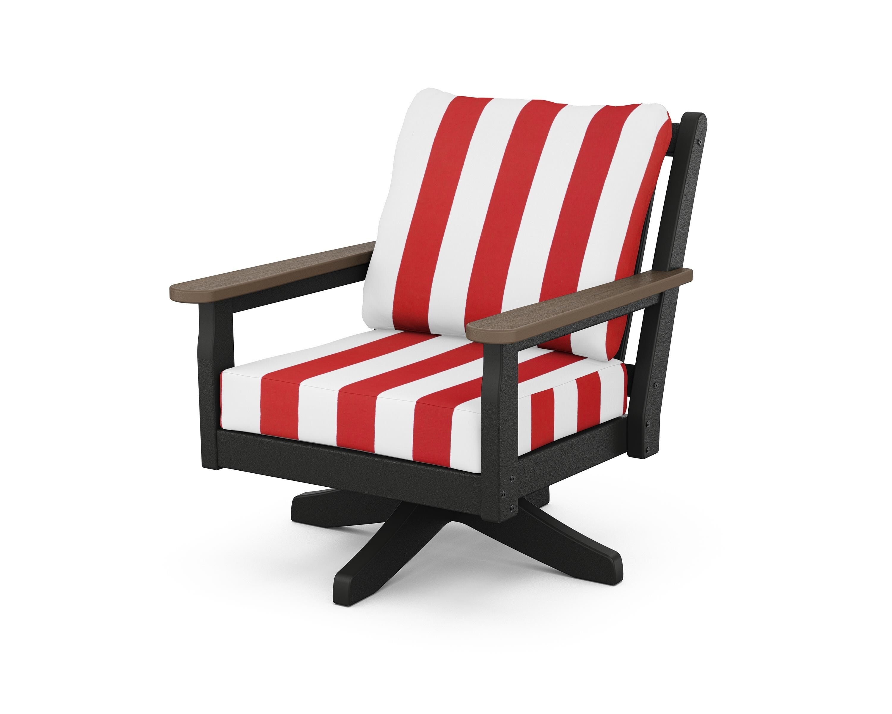 POLYWOOD® Chippendale Deep Seating Swivel Chair in Black / Kona / Cabana Stripe Crimson