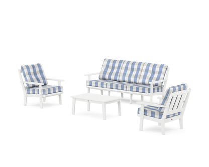 POLYWOOD® Oxford 4-Piece Deep Seating Set with Sofa in White / Buffalo Plaid Sky Blue
