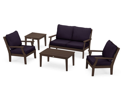 POLYWOOD® Braxton 5-Piece Deep Seating Set in Mahogany / Navy Linen