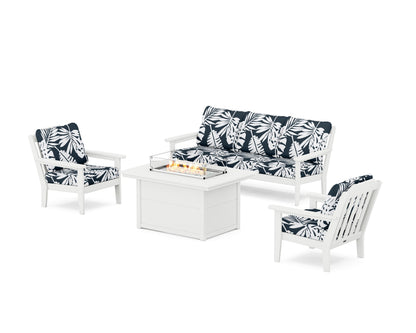 Country Living Cottage Deep Seating Fire Pit Table Set in White / Leaf Marine Indigo