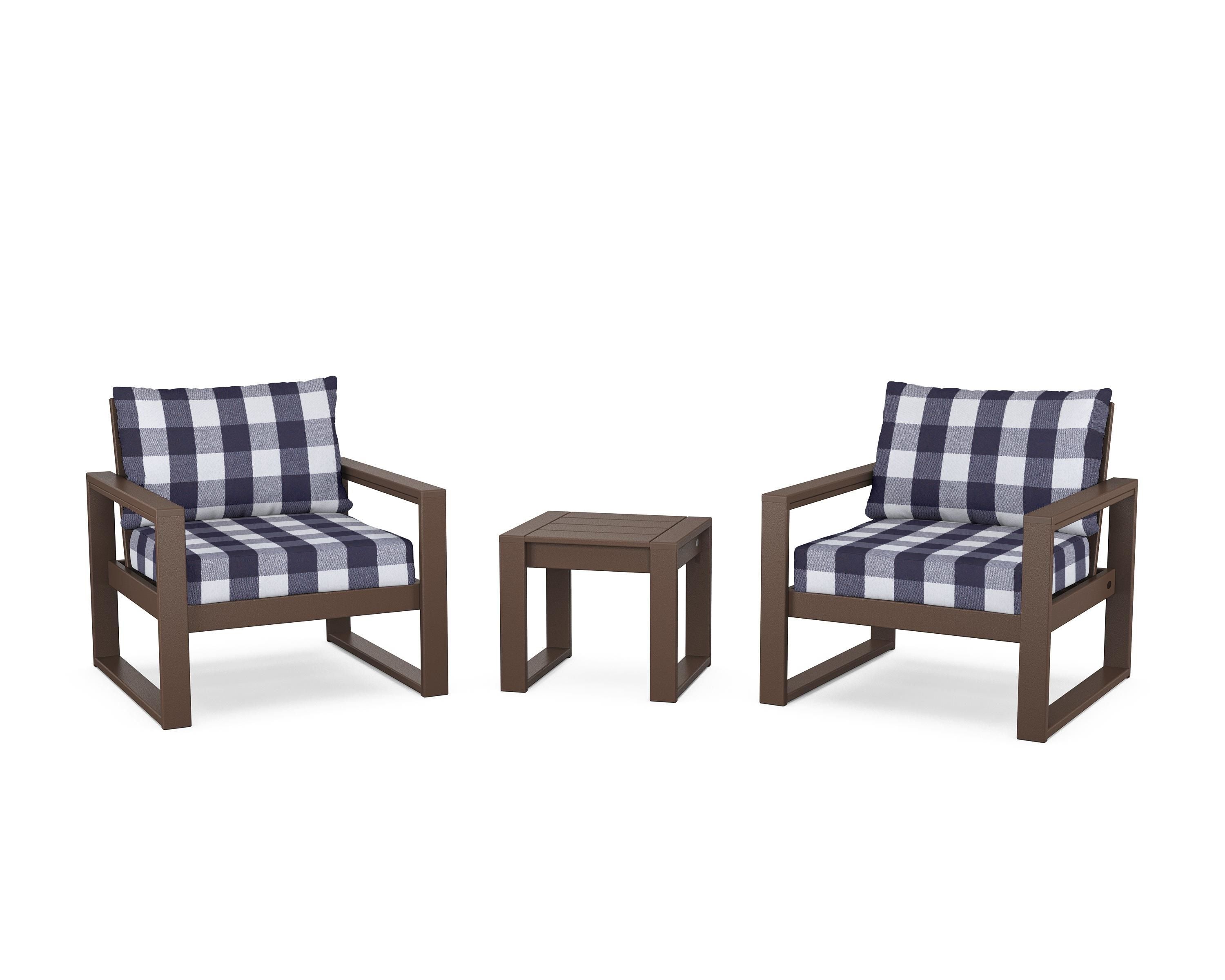 POLYWOOD® EDGE Sectional 3-Piece Deep Seating Set in Mahogany / Buffalo Plaid Navy