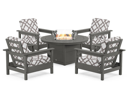 POLYWOOD® Club 5-Piece Conversation Set with Fire Pit Table in Slate Grey / Trellis Grey Mist