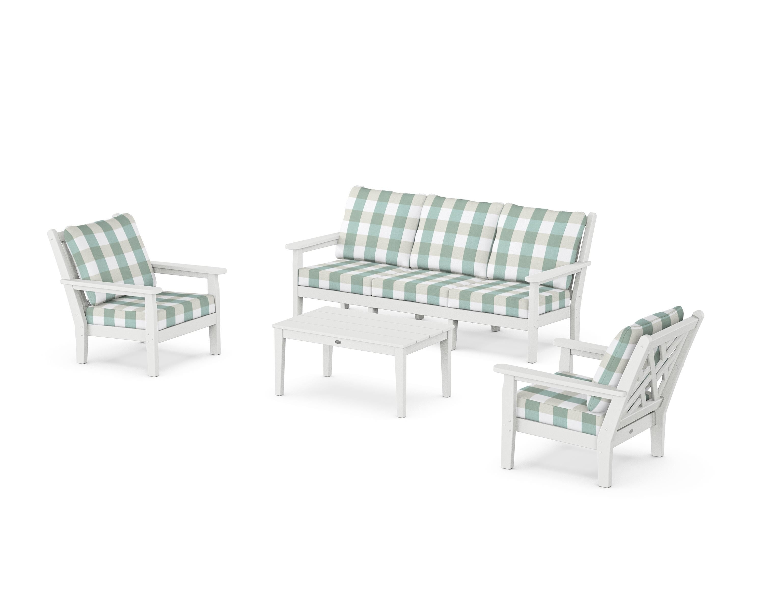 POLYWOOD® Chippendale 4-Piece Deep Seating Set with Sofa in White / Buffalo Plaid Glacier Spa