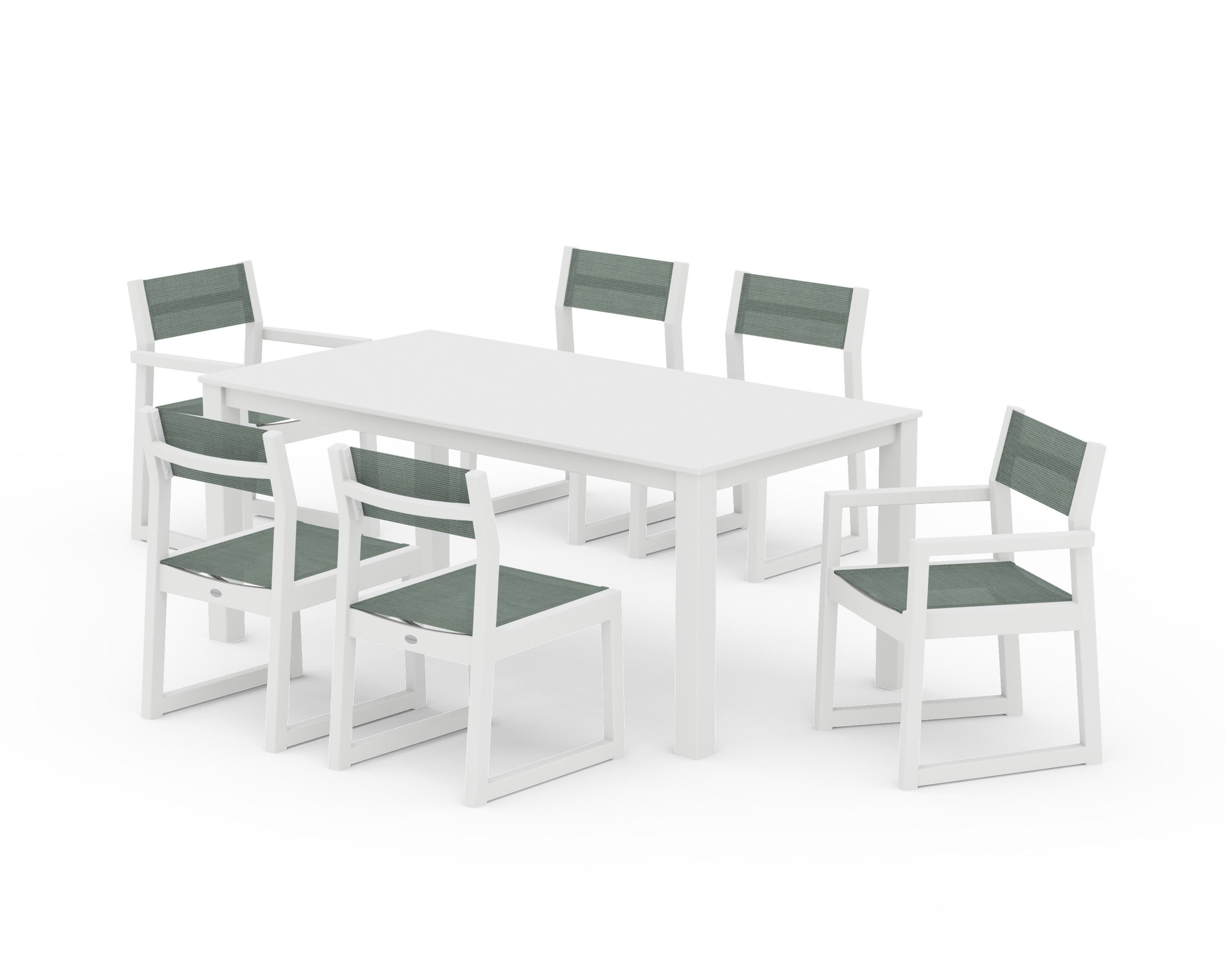 POLYWOOD® EDGE Sling 7-Piece Parsons Dining Set in White / Dupioni Sea Mist Sling