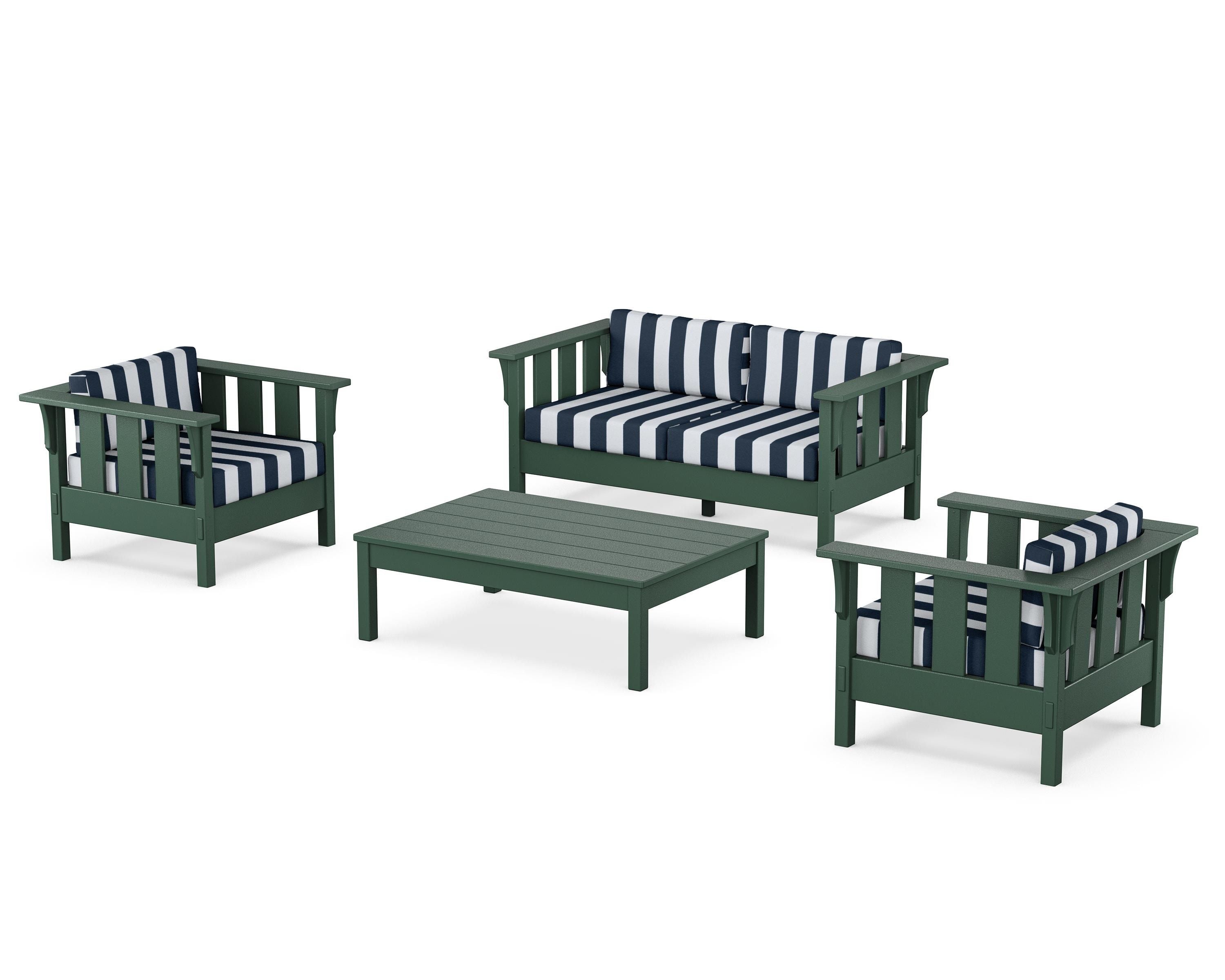 Martha Stewart by POLYWOOD® Acadia 4-Piece Deep Seating Set with Loveseat in Green / Cabana Stripe Marine Indigo